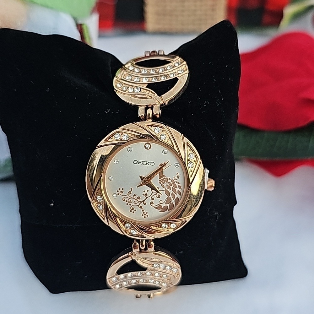 VINTAGE WOMAN'S SEIKO ROSE GOLD n DIAMOND PEACOCK WATCH